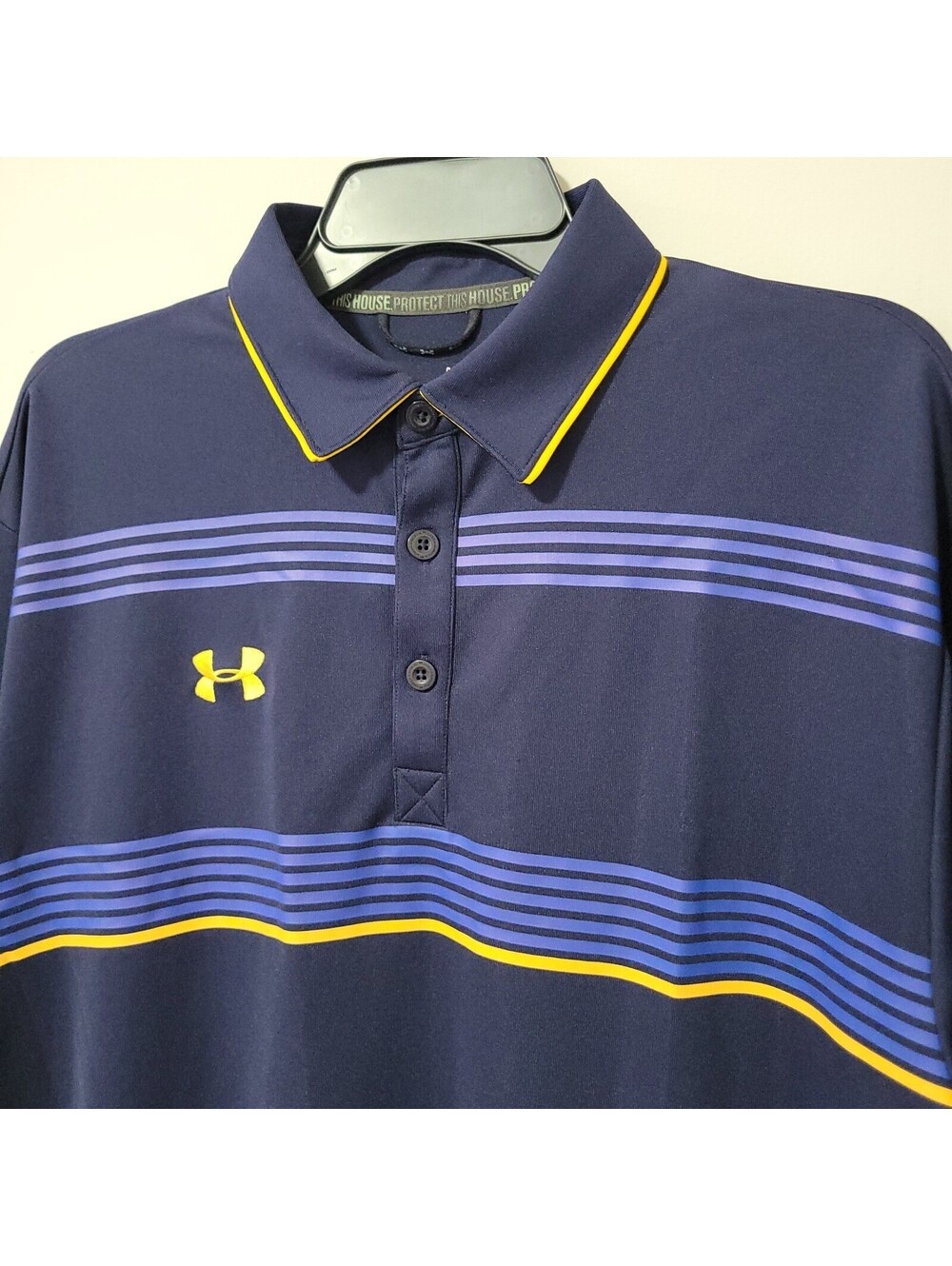 Under Armour HeatGear Polo Shirt Mens L Navy Blue Striped Loose Fit Golf